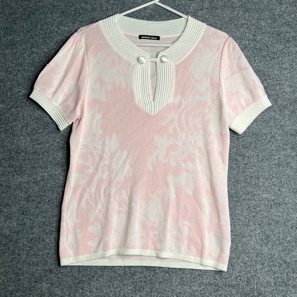 Michael Simon Pink White Floral Knit Top Short Sleeve Ribbed Neck Button Large‎